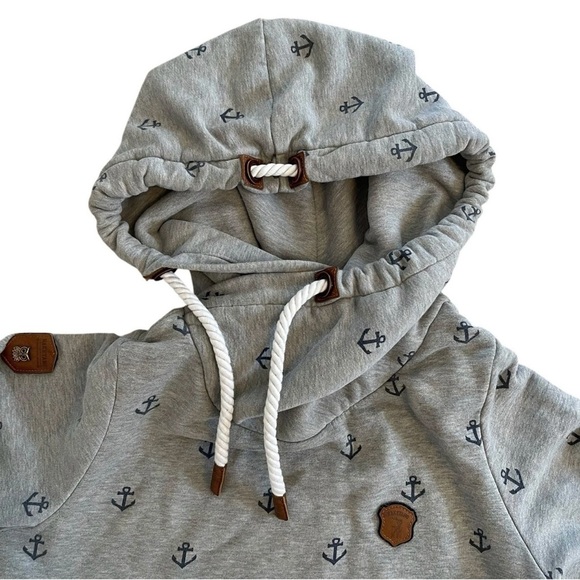 Naketano Grey Cowl Neck Hoodie - Size Large - Nautical Anchor Print Sweater - L - Picture 3 of 14